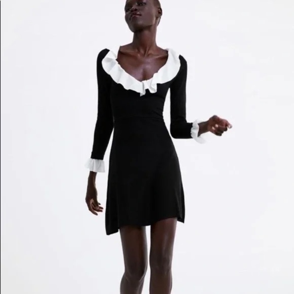 187. Zara Women’s Black Dress Preppy Casual Y2K White Ruffle Accents Size Small